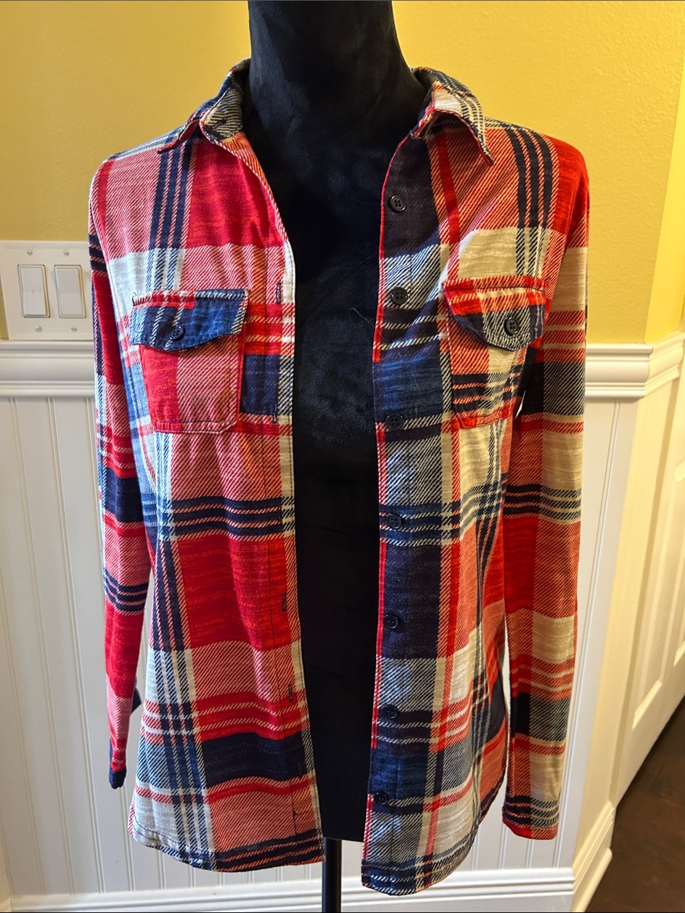 Red & Navy Plaid Button-Up Shirt